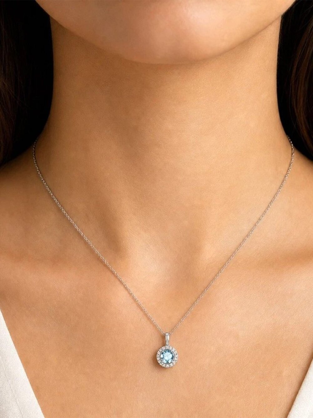Genuine 0.75 Cts Aquamarine & Diamonds Necklace Solid .925 Sterling Silver - Picture 6 of 6